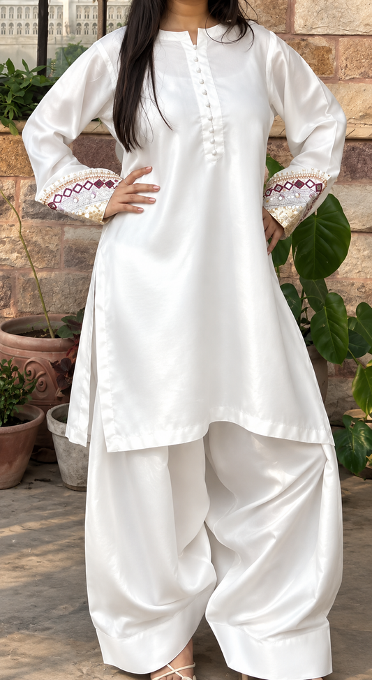 Ivory Viscous Silk Mirror Work 2-Piece Suit