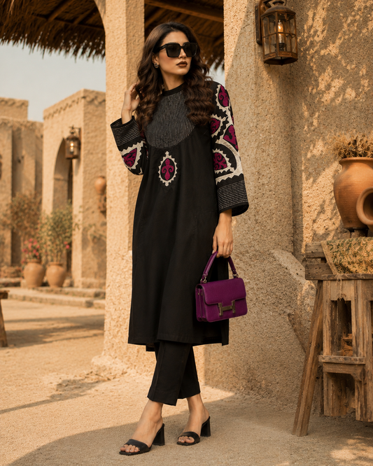 Black & Magenta Embroidered Kurti