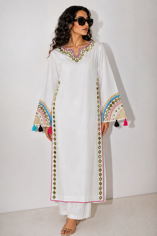 Ivory Handcrafted Mirror Work Kurta Set