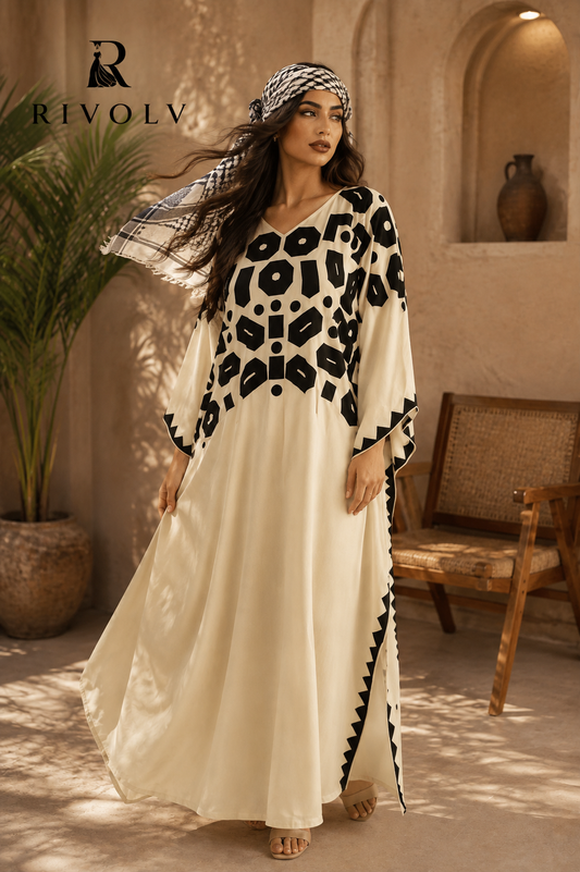 Geometric Luxe Kaftan — Ivory & Black