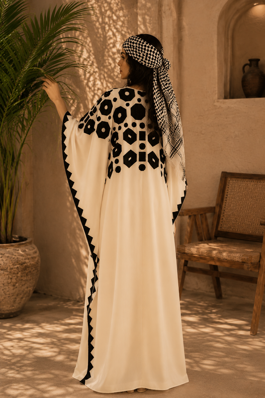 Geometric Luxe Kaftan — Ivory & Black