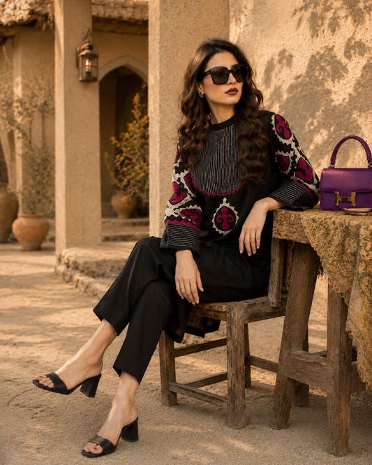 Black & Magenta Embroidered Kurti