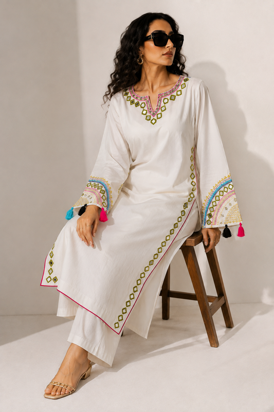 Ivory Handcrafted Mirror Work Kurta Set