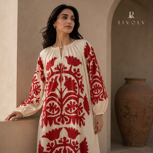 Crimson Bloom Appliqué Kaftan