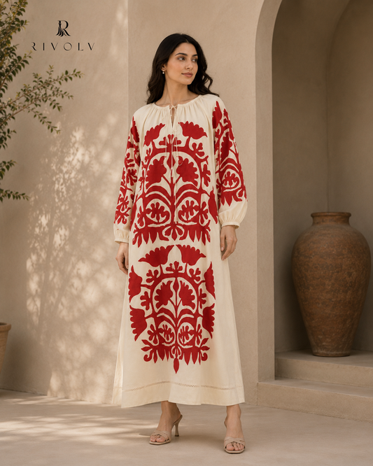 Crimson Bloom Appliqué Kaftan