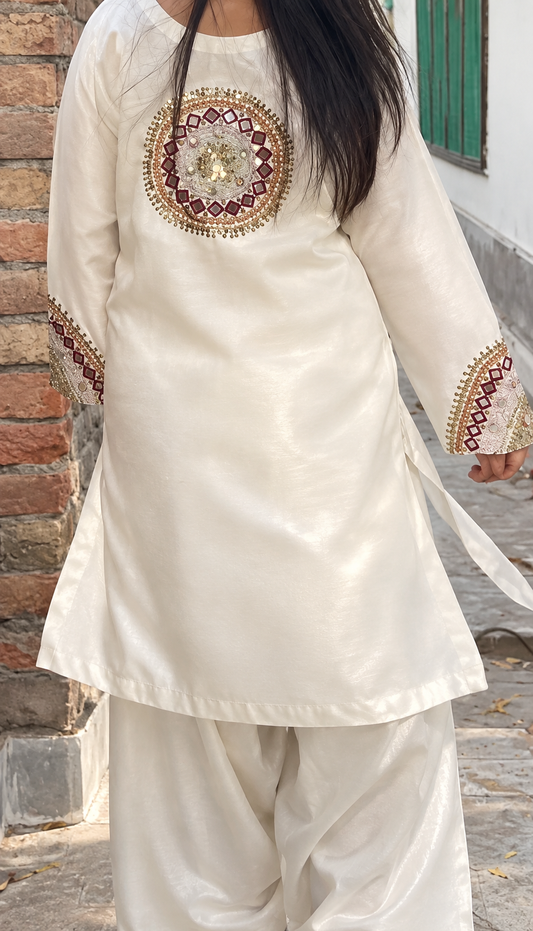 Ivory  Viscous Silk Mirror Work 2-Piece Suit